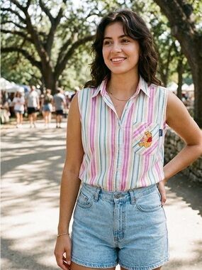 Vintage Disney Winnie the Pooh Striped Sleeveless Shirt L
